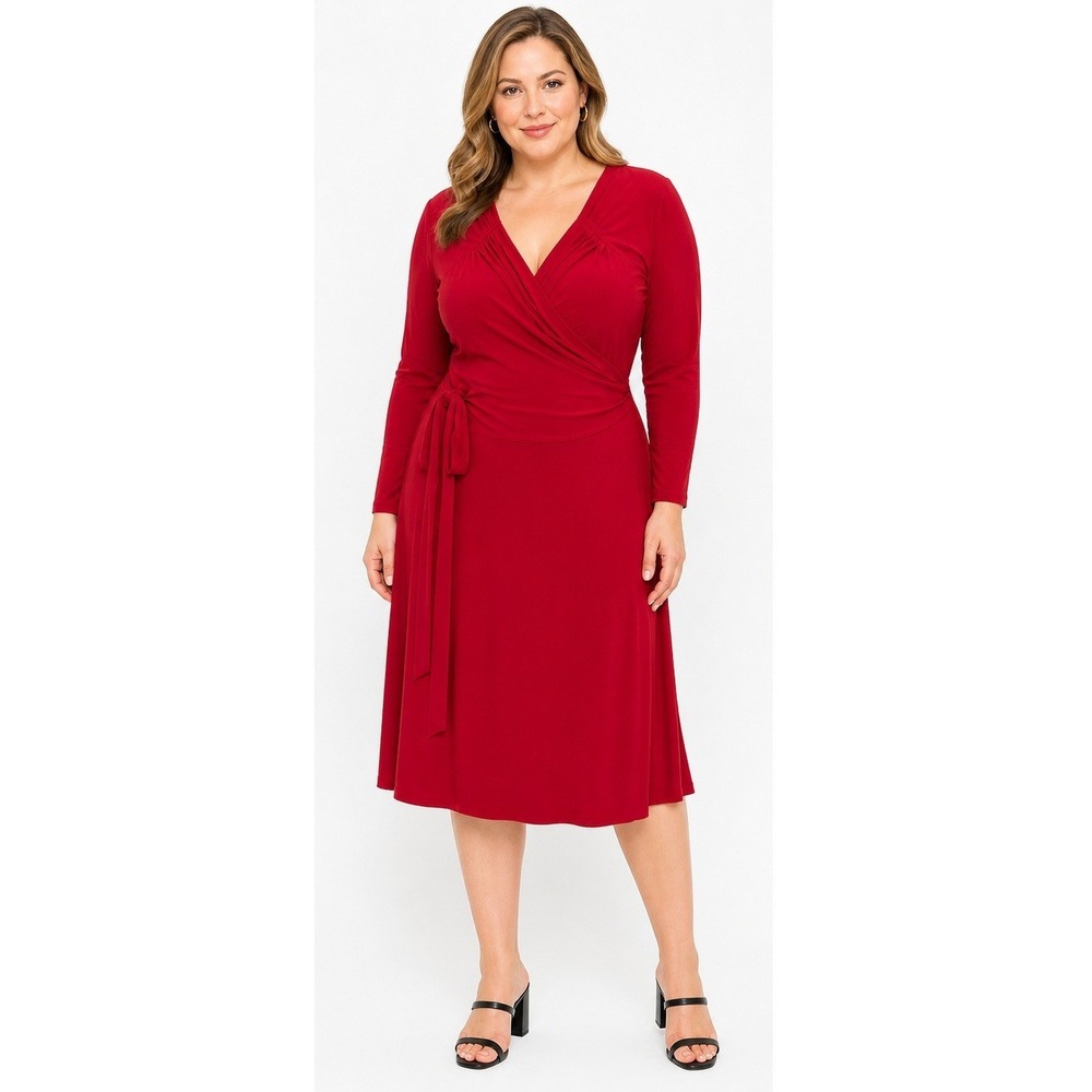 Norma Kamali Red Wrap Dress Long Sleeve V-Neck‎ Midi Jersey Women Plus Size XXL